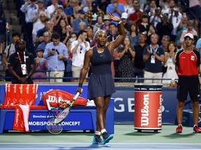 Serena Williams  waves to the crowd after defeating Ekaterina Alexandrova following a third round match on Day 6 of the Rogers Cup at Aviva Centre on August 8, 2019 in Toronto.  (Vaughn Ridley/Getty Images)
