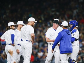 Toronto Blue Jays manager Charlie Montoyo takes Trent Thornton #57 of the Toronto Blue Jays out of the game in the fifth inning against the Seattle Mariners at T-Mobile Park on August 23, 2019 in Seattle, Washington. (Lindsey Wasson/Getty Images)