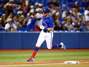 Derek Fisher #20 of the Toronto Blue Jays runs the bases after hitting a home run in the eighth inning during a MLB game against the Houston Astros at Rogers Centre on August 30, 2019 in Toronto, Canada.  (Vaughn Ridley/Getty Images)