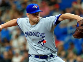 Brock Stewart of the Toronto Blue Jays pitches in the third inning  against the Tampa Bay Rays at Tropicana Field on Wednesday.  (Photo by Mike Ehrmann/Getty Images)