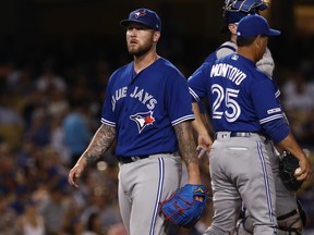 Jays pitcher Sean Reid-Foley leaves the game in third inning against the Los Angeles Dodgers at Dodger Stadium on August 20, 2019 in Los Angeles, California. (Victor Decolongon/Getty Images)