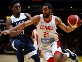Thomas Scrubb of Canada drives to the basket during the International Friendly Basketball match between Canada and the USA at Qudos Bank Arena on August 26, 2019 in Sydney, Australia.