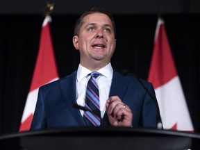 Conservative Leader Andrew Scheer speaks at a press conference at Hotel Saskatchewan in Regina, Sask., on Aug. 14, 2019. (The Canadian Press)