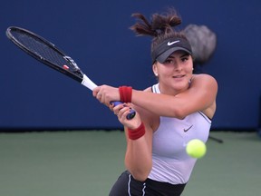 Bianca Andreescu plays a shot against Daria Kasatkina during the Rogers Cup tennis tournament at Aviva Centre in Toronto, August 7, 2019. (Dan Hamilton-USA TODAY Sports)