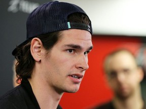 Calgary Flames forward Sean Monahan speaks with media as the team cleaned out their lockers on Monday April 22, 2019, following the Flames' early exit from the Stanley Cup playoffs.