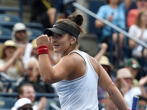 Bianca Andreescu reacts after winning a point against Sofia Kenin during the Rogers Cup tennis tournament at Aviva Centre. (Dan Hamilton/USA TODAY Sports)