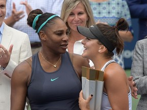 Bianca Andreescu is congratulated by Serena Williams for winning the women’s final of the Rogers Cup tennis tournament at Aviva Centre. (Dan Hamilton/USA TODAY Sports)