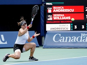 Bianca Andreescu hits a ball to Serena Williams during the Rogers Cup tennis tournament at Aviva Centre. (John E. Sokolowski/USA TODAY Sports)