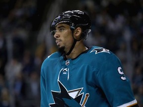 Evander Kane #9 of the San Jose Sharks skates on the ice during their game against the St. Louis Blues at SAP Center on March 8, 2018 in San Jose, California.