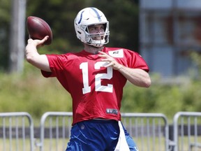 Colts quarterback Andrew Luck throws a pass during training camp at Grand Park Sports Campus in Westfield, Indiana, on July 25, 2019.