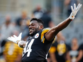 Antonio Brown of the Pittsburgh Steelers jokes around before a preseason game against the Carolina Panthers on Aug. 30, 2018 at Heinz Field in Pittsburgh, Pa.