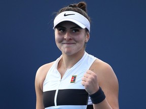 Bianca Andreescu celebrates defeating Irina-Camelia Begu during at the Miami Open on March 21, 2019 in Miami Gardens, Fla.