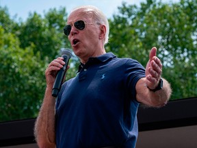 In this file photo taken on Aug. 8, 2019 U.S. Democratic presidential hopeful former vice-president Joe Biden speaks at the Des Moines Register Political Soapbox during a visit to the Iowa State Fair in Des Moines, Iowa.