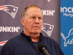 New England Patriots head coach Bill Belichick attends joint practice with the Detroit Lions, at the Lions' headquarters and practice fields in Allen Park, Mich., August 5, 2019. (John Kryk/Postmedia Network)