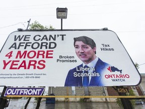 A billboard critical of Canadian Prime Minister Justin Trudeau along Cawthra Rd., near Queensway E., in Mississauga, Ont. on Tuesday, Aug. 27, 2019. (Ernest Doroszuk/Toronto Sun/Postmedia)