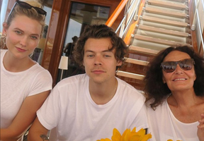 Harry Styles, Karlie Kloss and Diane von Furstenberg off the coast of Siciliy on Tuesday. (Instagram)