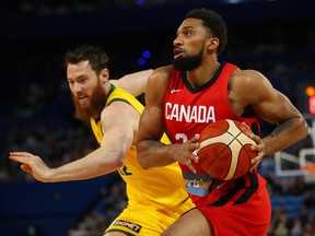 Khem Birch of Canada drives to the basket during an exhibition match against the Australian Boomers at RAC Arena on August 17, 2019 in Perth, Australia. (Mark Kolbe/Getty Images)