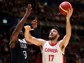 Owen Klassen of Canada lays up a shot during a friendly against the U.S.A. at Qudos Bank Arena on August 26, 2019 in Sydney, Australia. (Mark Kolbe/Getty Images)