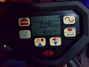 An image tweeted by OPP Sgt. Kerry Schmidt after a driver was stopped for allegedly doing 228 km/h on Hwy. 403.