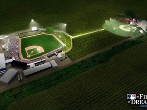 The venue for the Yankees-White Sox game in Dyersville, Iowa, will have a pathway through cornfield connecting a 8,000-seat temporary stadium with the original film location for Field of Dreams. (JeffEisenband/Twitter)