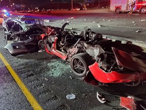 The remains of a Corvette and Mazda after a fiery crash on Hwy. 401 on Aug. 11, 2019. (OPP_HSD)
