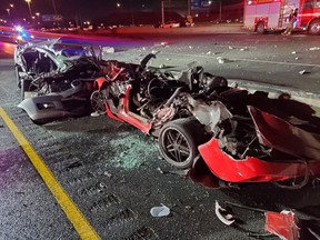 The remains of a Corvette and Mazda after a fiery crash on Hwy. 401 late Aug. 11, 2019. (OPP_HSD)