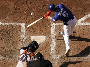 Toronto Blue Jays' Cavan Biggio hits an RBI double against the Houston Astros in the sixth inning during their MLB game at the Rogers Centre on August 31, 2019 in Toronto. (Mark Blinch/Getty Images)