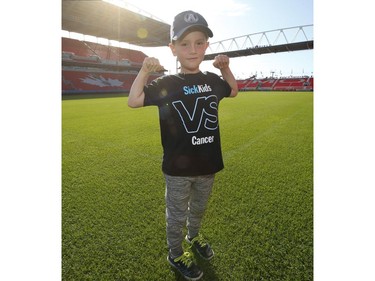 Darius Raso, 7, of Kleinburg, Ont. signed a one-day contract with the Toronto Argonauts was put on the practice roster.  He was diagnosed and battling acute lymphocytic leukemia for the past year and was out on the field with the Argos. He will also be at the Labour Day Classic in Hamilton. on Thursday August 29, 2019. Jack Boland/Toronto Sun/Postmedia Network