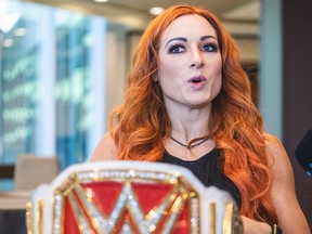WWE Raw Women's Champion Becky Lynch speaks to members of the media.