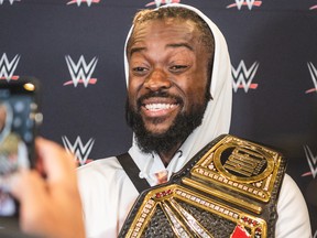 WWE Champion Kofi Kingston speaks to members of the media.