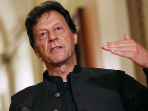 Pakistan Prime Minister Imran Khan makes a brief statement to reporters before a meeting with U.S. House Speaker Nancy Pelosi, not pictured, at the U.S. Capitol July 23, 2019 in Washington, D.C. (Chip Somodevilla/Getty Images)