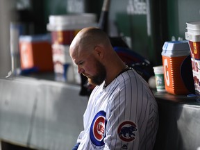 Jon Lester of the Chicago Cubs sits in the dugout during the fourth inning against the Oakland Athletics at Wrigley Field on August 06, 2019 in Chicago, Illinois. (Photo by Stacy Revere/Getty Images)