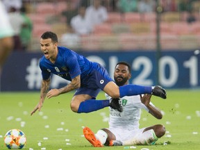 Hilal forward Sebastian Giovinco flies through the air during a match against Ahli at King Abdullah Sports CIty Stadium in Jeddah on Aug. 6. (Getty Images)