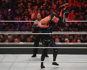 AJ Styles goes airborn during a SummerSlam match against Ricochet at Scotiabank Arena in Toronto on Sunday, Aug. 11, 2019. Styles defeated Ricochet to defend his United States Championship.(Photo by Joseph Hrycych/For SLAM! Wrestling)