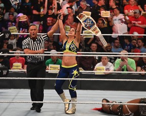 Smackdown women’s champion Bayley celebrates her title defence against Ember Moon during SummerSlam at Scotiabank Arena in Toronto on Sunday, Aug. 11, 2019.(Photo by Joseph Hrycych/For SLAM! Wrestling)
