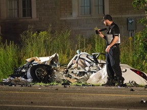 A car is destroyed after a crash on Yonge St. in Richmond Hill on Aug. 18, 2019. (John Hanley)