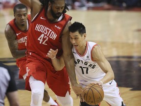 Toronto Raptors guard Jeremy Lin and Houston Rockets centre Nene Hilario on Tuesday March 5, 2019.