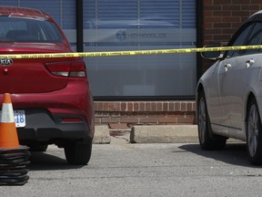 A pool of blood could be seen outside Hey Noodles restaurant at Hwy. 7 at Conservation Ave. in Markham on Friday, Aug. 2, 2019 -- a day after a man was killed and a woman was critically injured in a drive-by shooting.