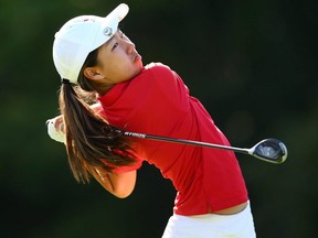 Michelle Liu, of Vancouver, hits her tee shot on the 8th hole during the second round of the CP Women's Open at Magna Golf Club in Aurora, Ont., on Friday, Aug. 23, 2019.