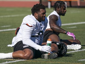 Defensive lineman Davon Coleman, here taking a breather during B.C. Lions training camp, will make his Argonauts debut tomorrow in Moncton against the Als.  Richard Lam/Postmedia Network