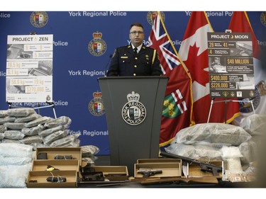 York Regional Police unveiled drugs (meth, cocaine, fentanyl, cannabis bound for U.S.), weapons and proceeds of crime during two unrelated Projects called Zen and Moon targeting organized crime arresting 49 people on Thursday August 8, 2019. Jack Boland/Toronto Sun/Postmedia Network