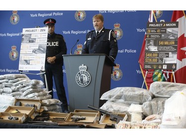 York Regional Police Det.-Sgt. Doug Bedford unveiled drugs (meth, cocaine, fentanyl, cannabis bound for U.S.), weapons and proceeds of crime during two unrelated Projects called Zen and Moon targeting organized crime arresting 49 people on Thursday August 8, 2019. Jack Boland/Toronto Sun/Postmedia Network