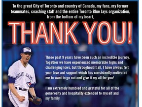 Aaron Sanchez thanked fans in Toronto in a full-page ad published in Sunday's print edition of The Toronto Sun.