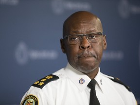 Toronto Police Chief Mark Saunders responds to reporters questions about the city's gun violence at a press conference at headquarters on Friday, Aug. 9, 2019. (Stan Behal/Toronto Sun/Postmedia Network)