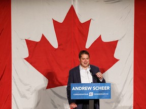 Conservative Party leader Andrew Scheer gives an election-style speech at the Northern Alberta Leader’s BBQ held at Millenium Place in Sherwood Park, on Friday, July 19, 2019. (Ian Kucerak/Postmedia Network)