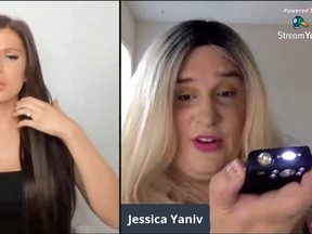 B.C. transgender activist Jessica Yaniv, right, brandishes an electric stun gun during a live interview with commentator Blaire White on Monday, Aug. 5. RCMP officers arrested Yaniv at her home hours later.