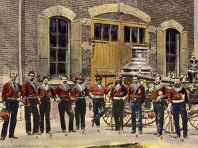 This rare, hand tinted photograph from the Toronto Public Library Collection shows members of Fire Hall #3's volunteer firefighters out front of the city's newest fire station, which was located on the west side of Yonge St. just north of Grosvenor.