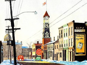 This painting was created by Maurice Roberts in 1950 and shows #9 Fire Hall as it looked before being shorn of its hose and clock tower. At the foot of Ossington Ave. is the iconic dome of the Provincial Lunatic Asylum, a complex of buildings we now refer to as the Centre for Addiction and Mental Health. (Toronto Public Library collection)
