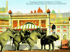 Back at the turn of the last century historical pageants and tableaus were often featured in front of the old CNE Grandstand and quickly became "must see" attractions at the annual fair. This souvenir post card featured an image of the "Prince of Wales Durbar" stage show that was presented by the CNE in honour of the safe return of the Prince after his October, 1921 trip to India, Burma, Ceylon, Singapore, Hong Kong, Japan and Egypt. The Prince had visited the CNE in 1919 and with his brother, the Duke of Kent, dedicated the CNE's monumental Princes' Gates in 1917.