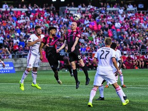 Fury midfielder Jeremy Gagnon-Lapare goes up for a ball against Toronto FC in its Canadian Championship    first-leg semifinal match last night in Ottawa.
  
 Steve Kingsman/Freestyle Photography for Ottawa Fury FC
